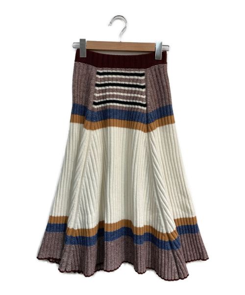 beautiful people（ビューティフルピープル）beautiful people (ビューティフルピープル) Stripe Knit Skirt　1845207001 ホワイト×ボルドー サイズ:36の古着・服飾アイテム
