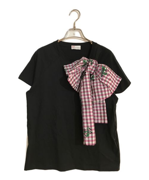 RED VALENTINO（レッドヴァレンティノ）RED VALENTINO (レッドヴァレンティノ) Tシャツ チェック柄リボン付き ブラック サイズ:M 未使用品の古着・服飾アイテム
