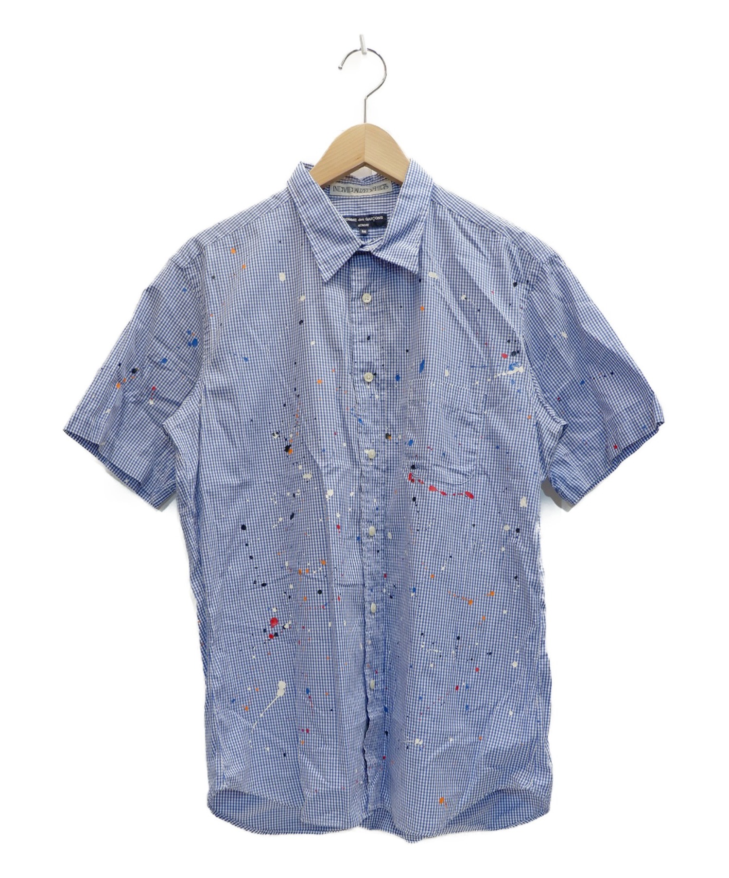 COMME des GARCONS HOMME×INDIVIDUALIZED SHIRTS 綿ブロードドリップシャツ ホワイト×ブルー サイズ:M  HO-B004 AD2014 ペイント加工