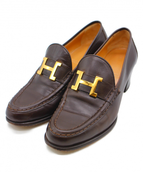HERMES（エルメス）HERMES (エルメス) コンスタンス ロゴ ヒールローファーパンプス ブラウン サイズ:35 1/2（22.5～23） イタリア製の古着・服飾アイテム