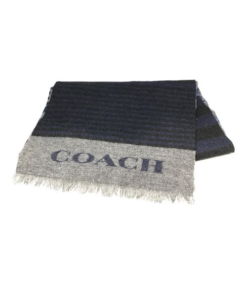 COACH（コーチ）COACH (コーチ) ウールカシミヤストール ネイビー×グレーの古着・服飾アイテム