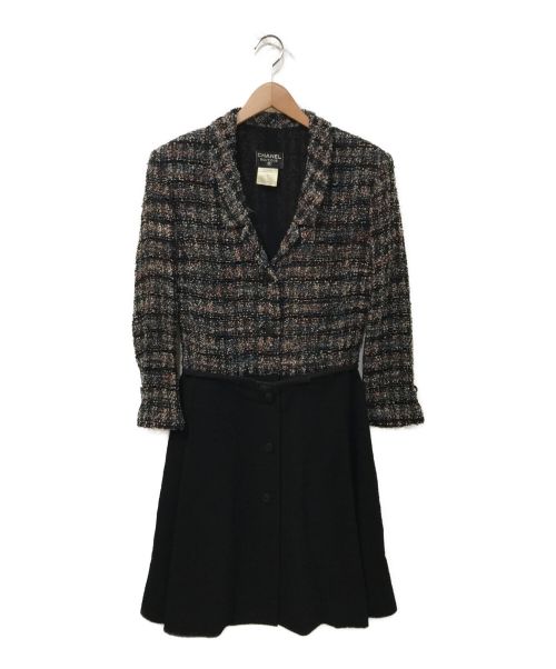 CHANEL（シャネル）CHANEL (シャネル) ツイード切替コート ピンク×ブラック サイズ:42の古着・服飾アイテム