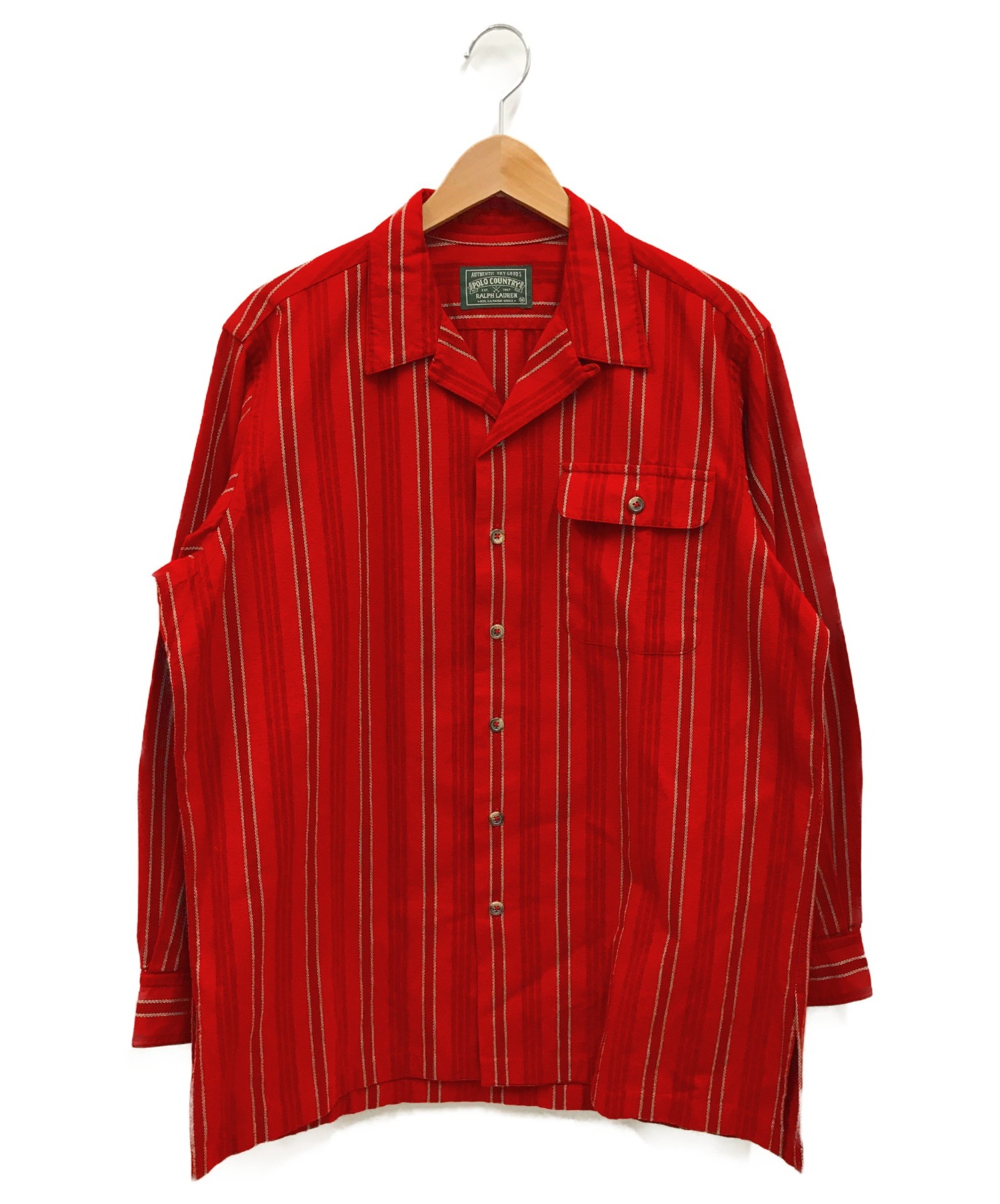 【中古・古着通販】POLO COUNTRY (ポロカントリー) ストライプオープンカラーシャツ レッド サイズ:M 80’S 品質ﾀｸﾞ欠品