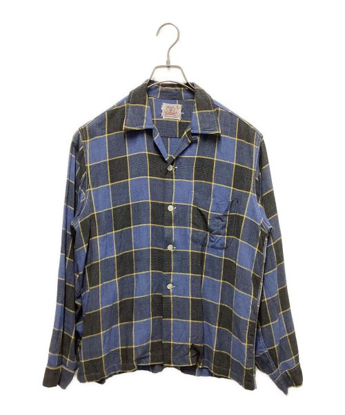 Balmoral（バルモラル アスコット）Balmoral (バルモラル アスコット) 60`Sレーヨンチェックオープンカラーシャツ ネイビー サイズ:Mの古着・服飾アイテム