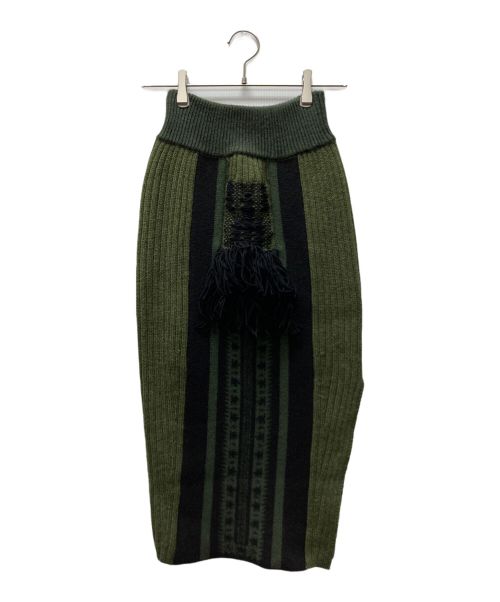 Mame Kurogouchi（マメクロゴウチ）Mame Kurogouchi (マメクロゴウチ) ケーブルステッチフリンジスカート カーキ サイズ:1の古着・服飾アイテム