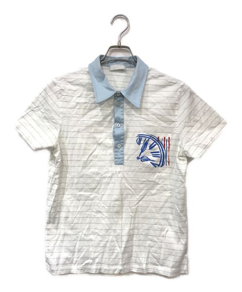 PRADA（プラダ）PRADA (プラダ) ボーダーポロシャツ スカイブルー×ホワイト サイズ:Lの古着・服飾アイテム