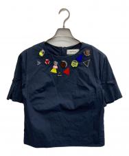 MUVEIL (ミュベール) Embellished Neck T-shirt 袖フリル宝石刺繍 ネイビー サイズ:36