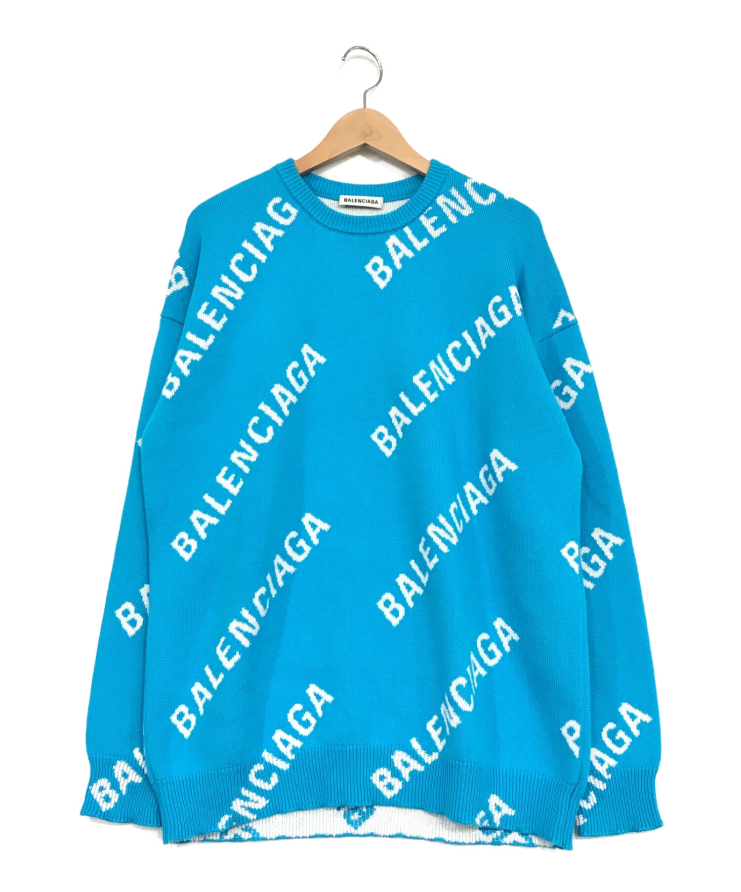 BALENCIAGA (バレンシアガ) オールオーバーロゴオーバーサイズコットンニットセーター ブルー サイズ:XS