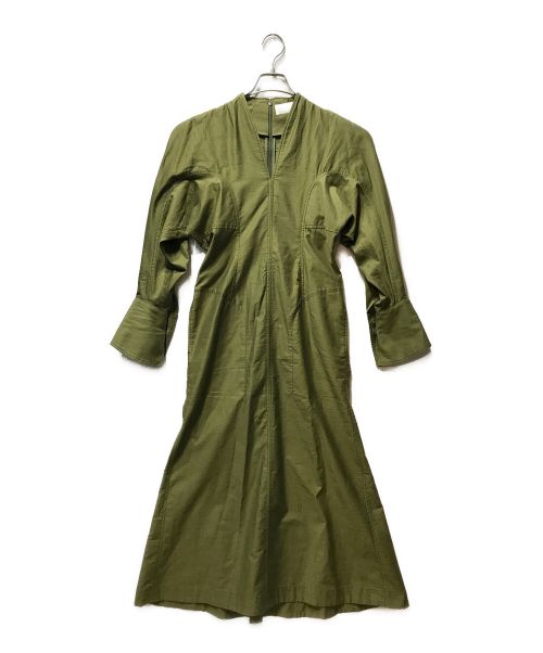 Mame Kurogouchi（マメクロゴウチ）Mame Kurogouchi (マメクロゴウチ) Military Cotton Deep Neck Dress ミリタリーコットン ディープネックドレス グリーン サイズ:1の古着・服飾アイテム