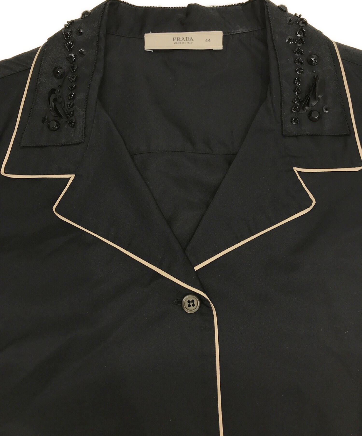 PRADA (プラダ) ビジューカラーサテンパイピングシャツ/シルクシャツ/パジャマシャツ ブラック サイズ:44