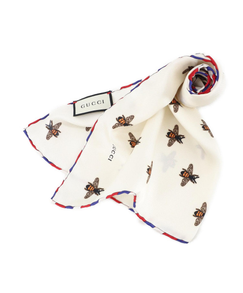GUCCI（グッチ）GUCCI (グッチ) Beeプリントシルクポケットスカーフ ホワイトの古着・服飾アイテム