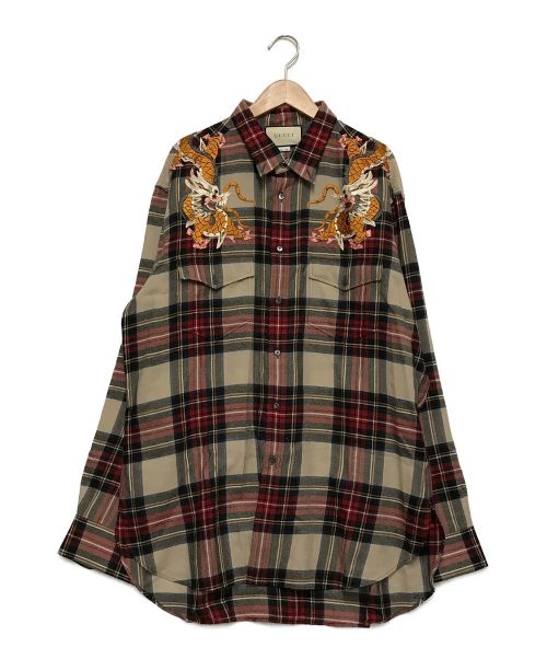 GUCCI（グッチ）GUCCI (グッチ) ドラゴン刺繍チェックシャツ レッド サイズ:43の古着・服飾アイテム