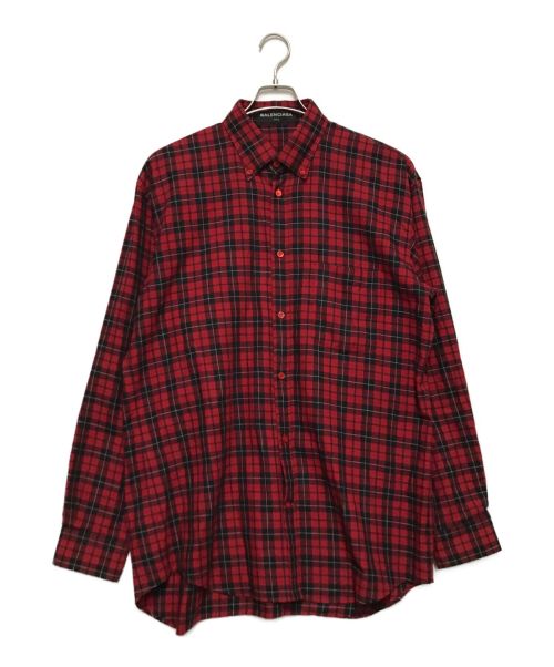 BALENCIAGA（バレンシアガ）BALENCIAGA (バレンシアガ) バックプリントチェックシャツ レッド サイズ:39の古着・服飾アイテム