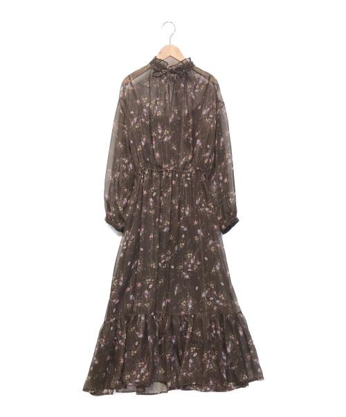 MACPHEE（マカフィー）MACPHEE (マカフィー) ラメシフォンフラワープリント フリルギャザードレス ブラウン サイズ:36の古着・服飾アイテム