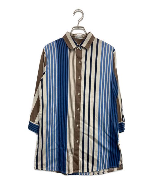NARA CAMICIE（ナラカミーチェ）NARA CAMICIE (ナラカミーチェ) ランダムストライプ七分袖ロングシャツ ブルー サイズ:02の古着・服飾アイテム