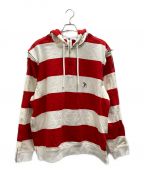 BURBERRY LONDONバーバリー ロンドン）の古着「Red Zip Detail Striped Cotton Hoodie」｜ホワイト×レッド