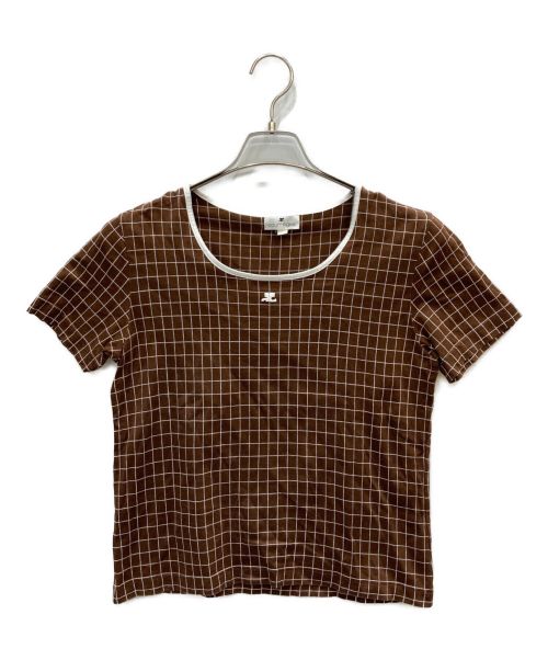 courreges（クレージュ）courreges (クレージュ) ロゴチェックTシャツ ブラウン サイズ:11Rの古着・服飾アイテム