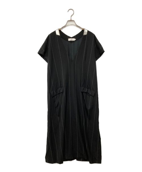 Graphpaper（グラフペーパー）Graphpaper (グラフペーパー) ワイドストライプウールVネックドレス ブラックの古着・服飾アイテム