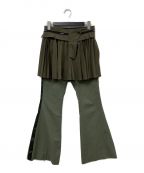 sacaiサカイ）の古着「21SS Pleated Skirt Logo Belt Trousers/プリーツスカートロゴドッキングフレアパンツ」｜カーキ