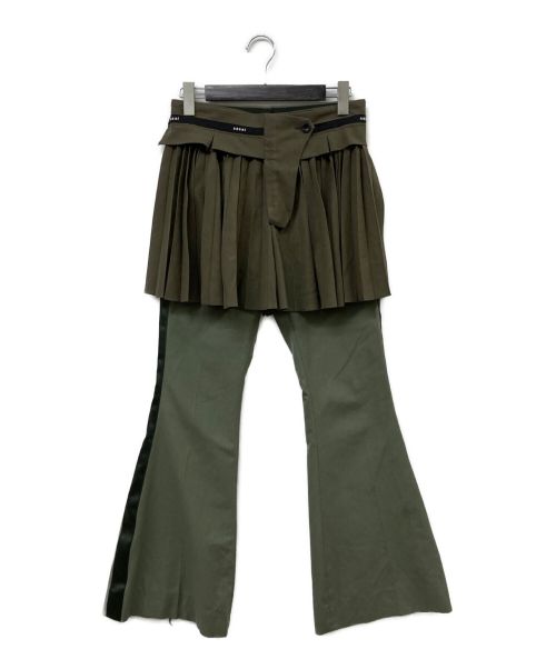 sacai（サカイ）sacai (サカイ) 21SS Pleated Skirt Logo Belt Trousers/プリーツスカートロゴドッキングフレアパンツ カーキ サイズ:1の古着・服飾アイテム