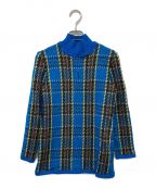 Yves Saint Laurentイヴサンローラン）の古着「ハイネックラメロゴ刺繍ニット」｜ブルー×ブラウン