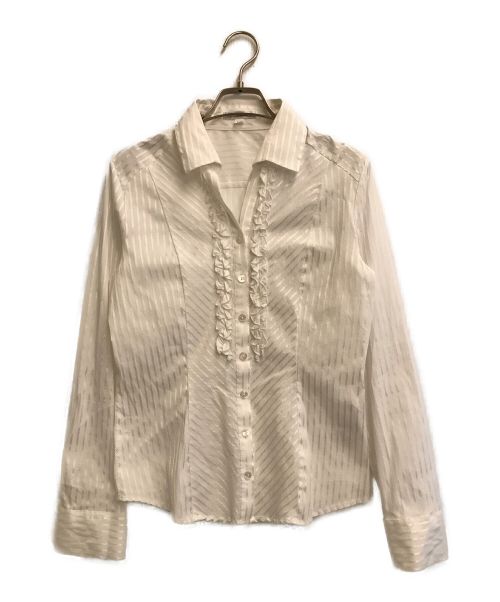 NARA CAMICIE（ナラカミーチェ）NARA CAMICIE (ナラカミーチェ) 変形綾織りストライプストレッチ襟付きフリルシャツ ホワイト サイズ:2の古着・服飾アイテム