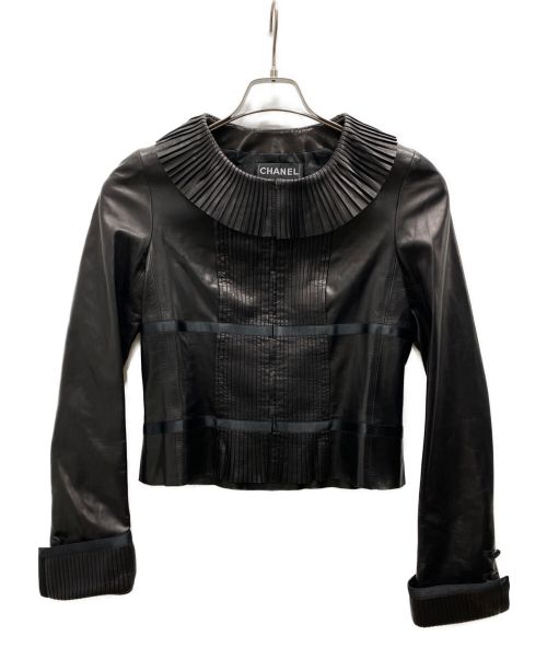 CHANEL（シャネル）CHANEL (シャネル) プリーツカラーラムレザージャケット ブラック サイズ:38の古着・服飾アイテム