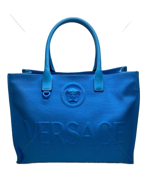 VERSACE（ヴェルサーチ）VERSACE (ヴェルサーチ) メデューサロゴキャンバストートバッグ ブルーの古着・服飾アイテム