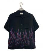 TAIN DOUBLE PUSHタイン ダブルプッシュ）の古着「ファイヤー刺繍オープンカラーレーヨンシャツ」｜ブラック
