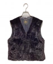 FENDI (フェンディ) ズッカ柄シャギーファーレザーベスト ブラック サイズ:42