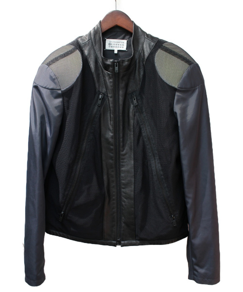 Maison Margiela（メゾンマルジェラ）Maison Margiela (メゾンマルジェラ) 異素材切替八の字ライダースジャケット ブラック×グレー サイズ:52の古着・服飾アイテム