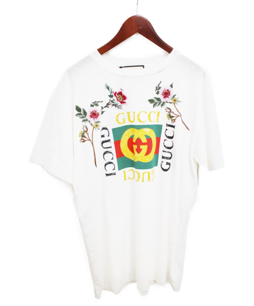 GUCCI（グッチ）GUCCI (グッチ) ダメージ加工フローラルロゴTシャツ ホワイト サイズ:Lの古着・服飾アイテム