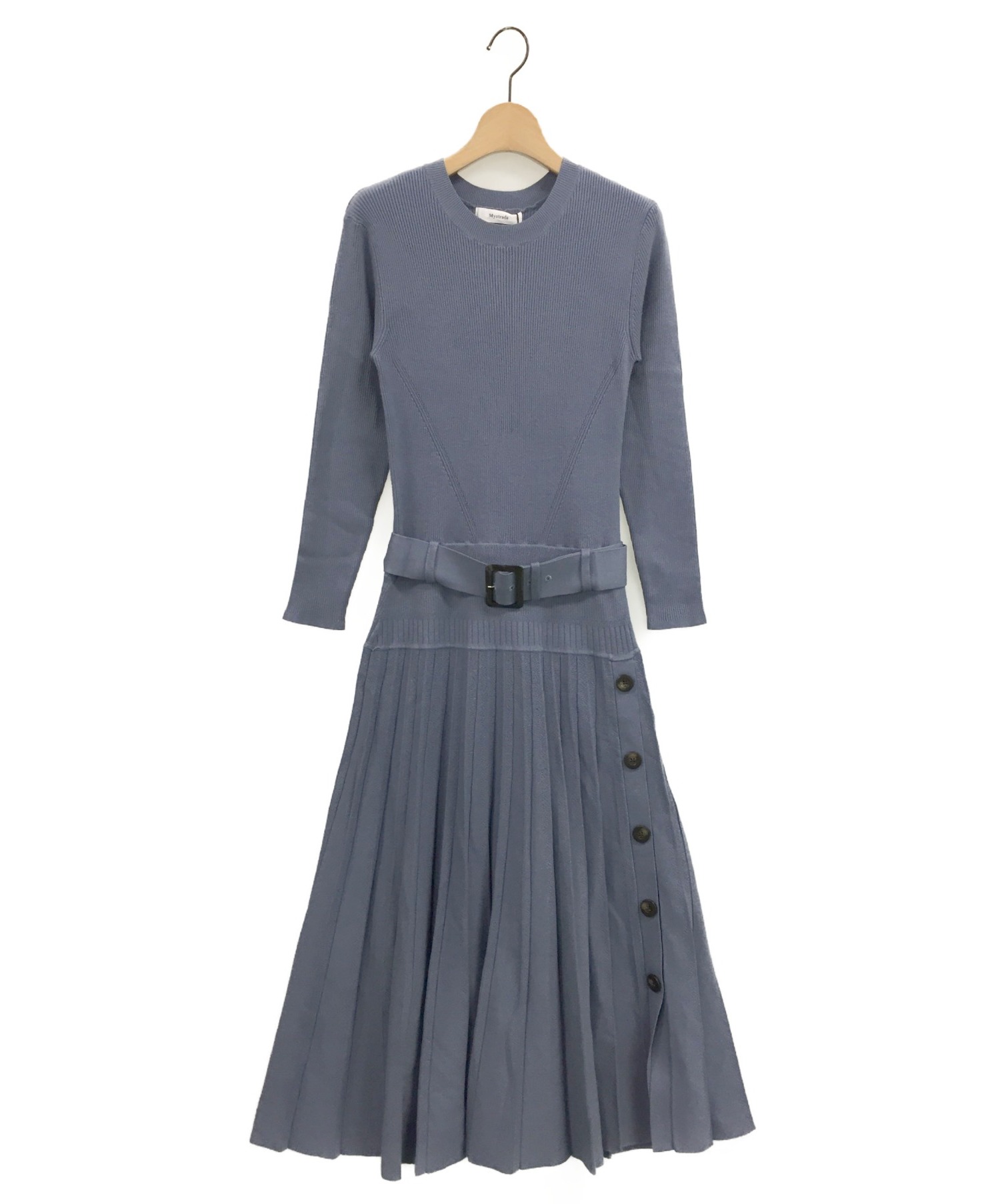 中古 古着通販 Mystrada マイストラーダ サイド釦プリーツニットワンピース ブルー サイズ 38 未使用品 ブランド 古着通販 トレファク公式 Trefac Fashion