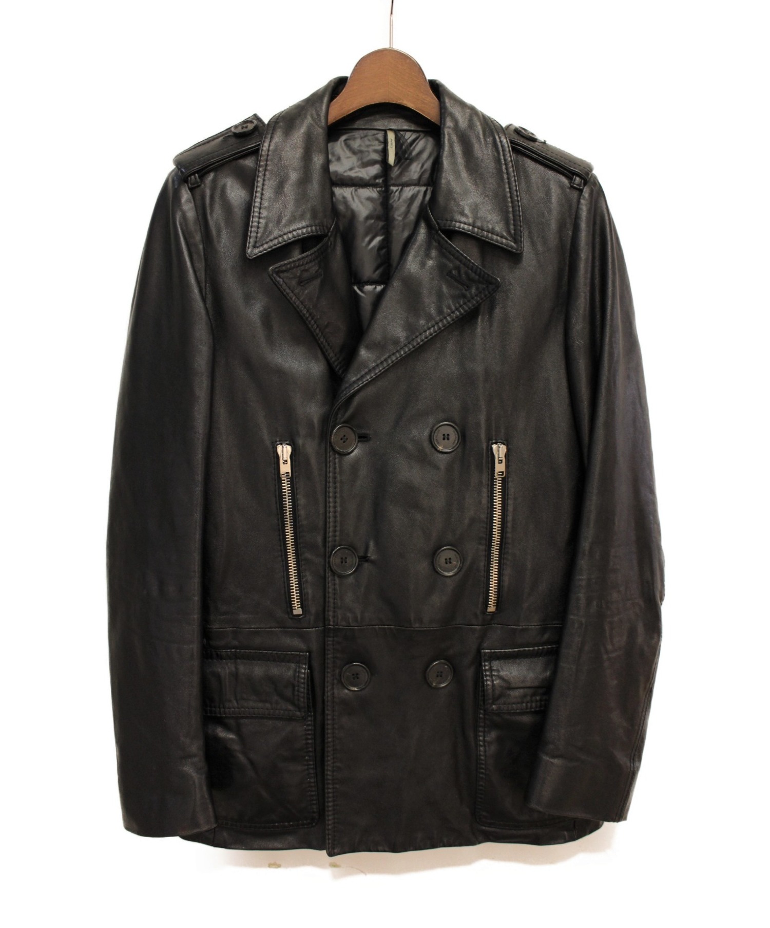 【中古・古着通販】Dior Homme (ディオールオム) 中綿レザーPコート ブラック サイズ:44 羊革｜ブランド・古着通販 トレファク