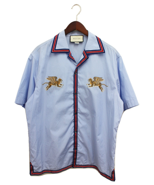 GUCCI（グッチ）GUCCI (グッチ) タイガープリント半袖開襟シャツ スカイブルー サイズ:50の古着・服飾アイテム