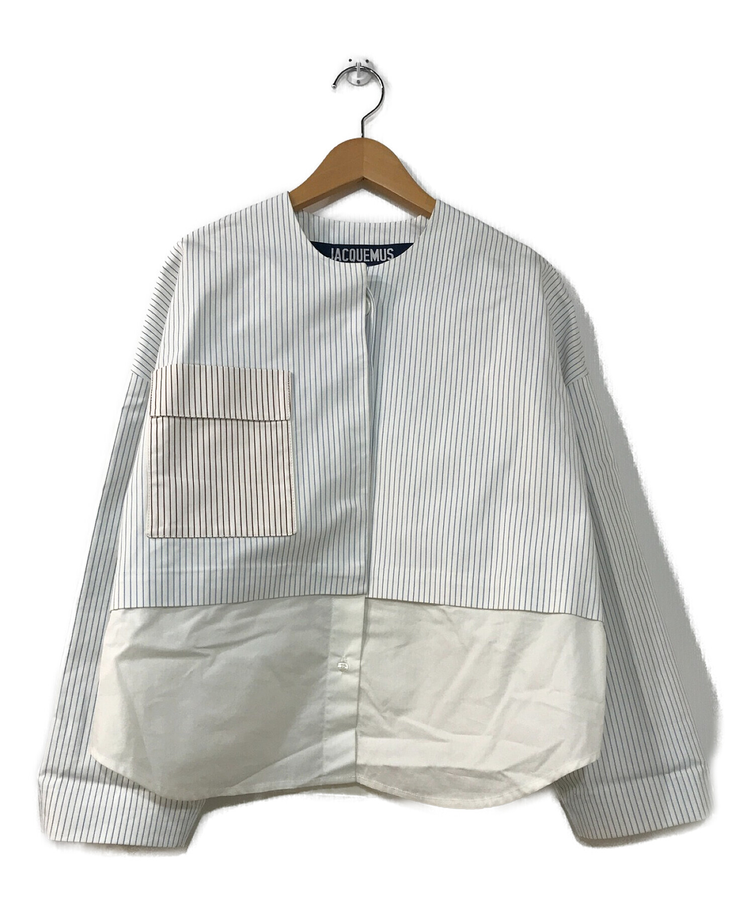 jacquemus (ジャックムス) ノーカラーストライプシャツジャケット ホワイト サイズ:34