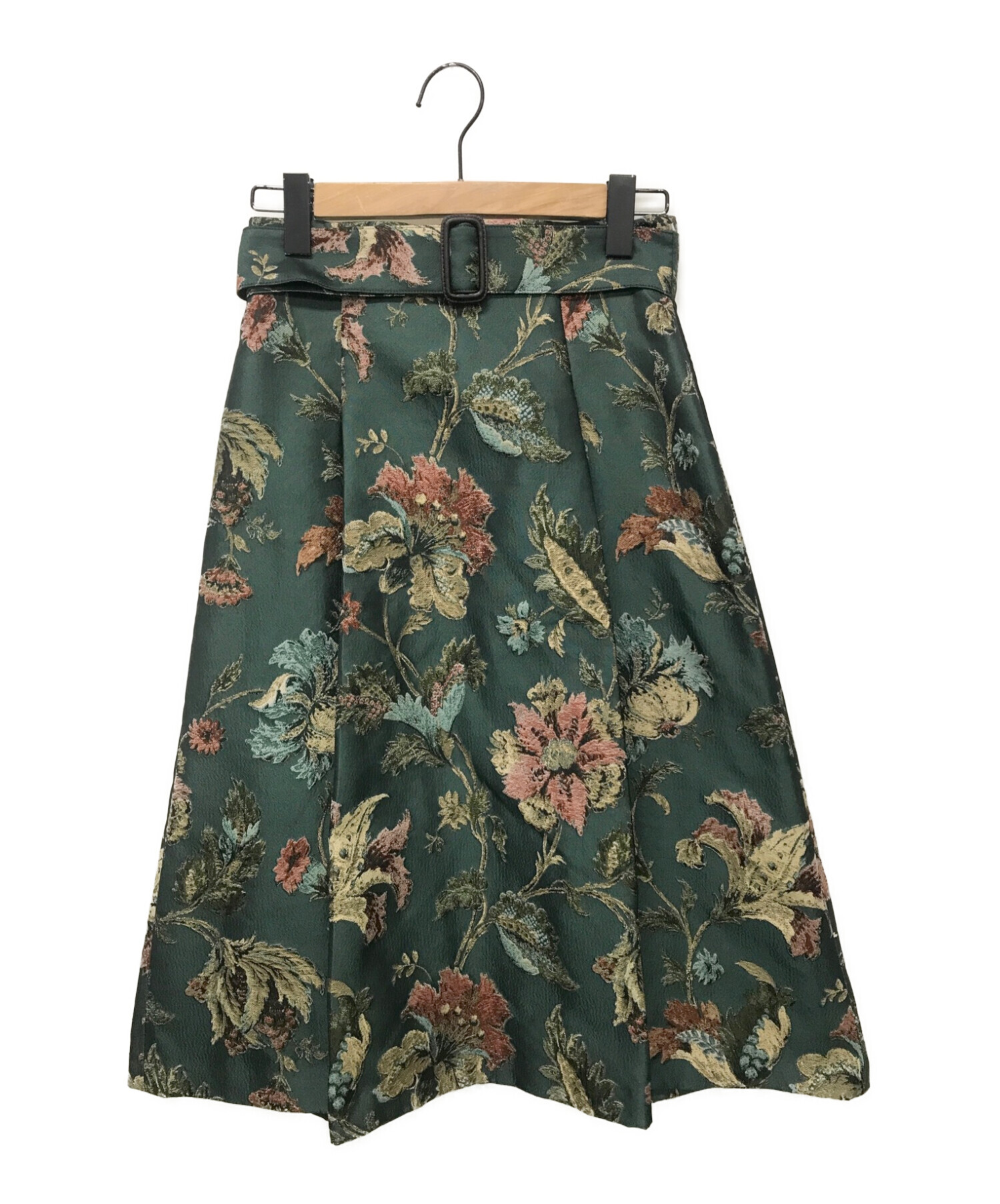 ANAYI (アナイ) フラワージャガードベルト付きスカート グリーン サイズ:38