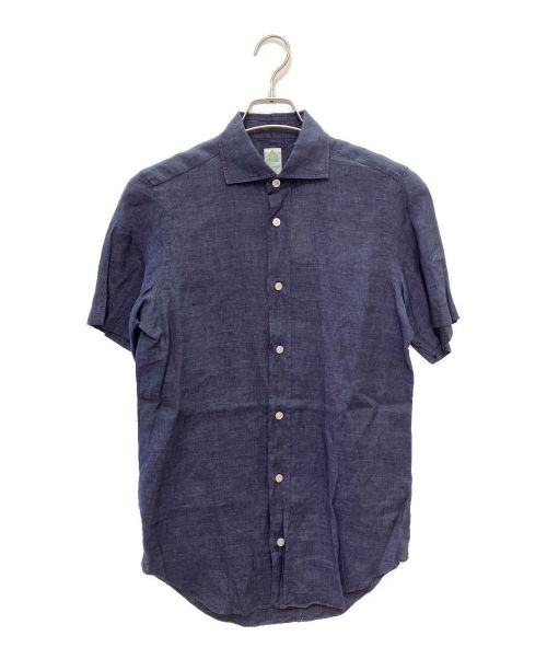 finamore（フィナモレ）finamore (フィナモレ) ワイドカラー 半袖リネンシャツ ネイビー サイズ:37/14　1/2の古着・服飾アイテム