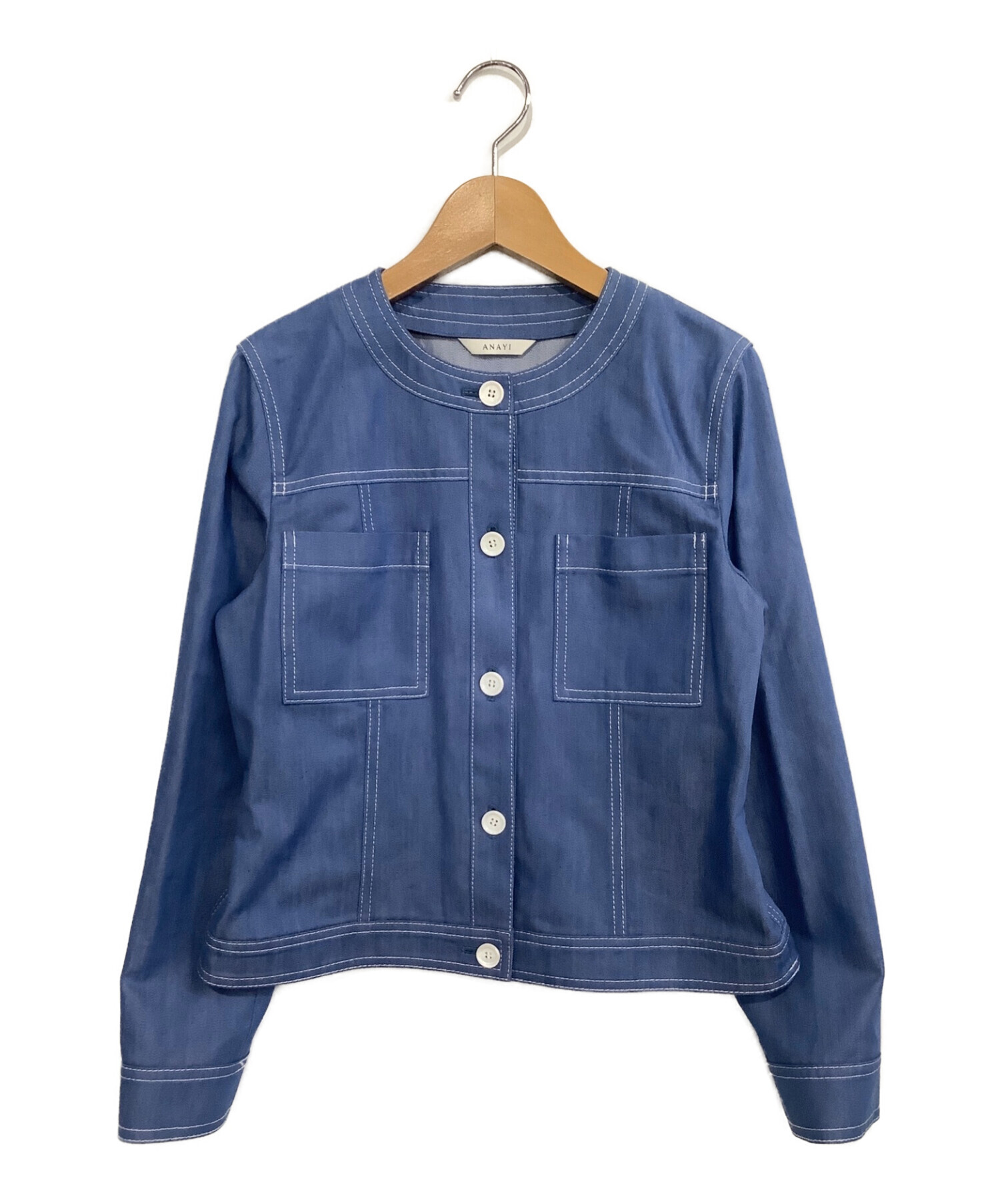 ANAYI (アナイ) デニムライクノーカラージャケット ブルー サイズ:38