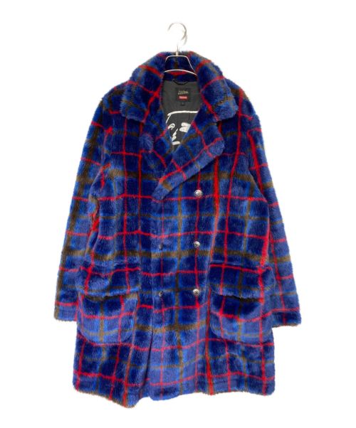 SUPREME（シュプリーム）SUPREME (シュプリーム) Double Breasted Plaid Faux Fur Coat ブルー×レッド サイズ:Lの古着・服飾アイテム