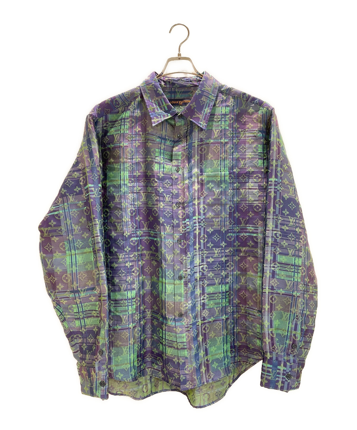 LOUIS VUITTON (ルイ ヴィトン) モノグラムネオンチェックシャツ パープル×グリーン サイズ:4L 未使用品