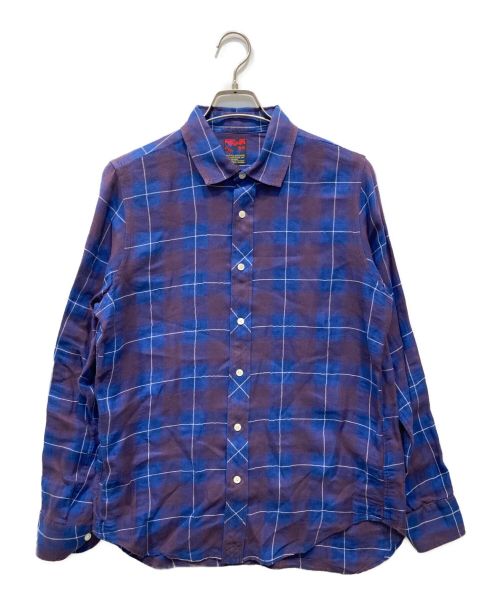 BRU NA BOINNE（ブルーナボイン）BRU NA BOINNE (ブルーナボイン) リネンコットンシャツ ブルー×レッドの古着・服飾アイテム