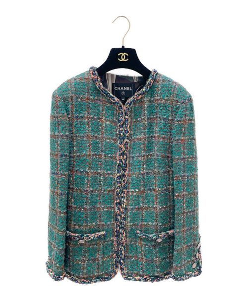 CHANEL（シャネル）CHANEL (シャネル) ノーカラーツイードジャケット グリーン サイズ:34の古着・服飾アイテム