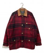 NAUTICA (ノーティカ) 襟レザーウールチェックジャケット レッド サイズ:L
