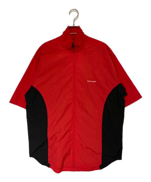 BALENCIAGA（バレンシアガ）BALENCIAGA (バレンシアガ) ジップアップロゴ半袖シャツ レッド サイズ:44の古着・服飾アイテム