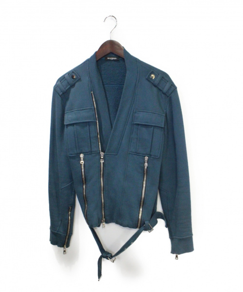 BALMAIN（バルマン）BALMAIN (バルマン) スウェットライダースジャケット ブルー サイズ:Sの古着・服飾アイテム