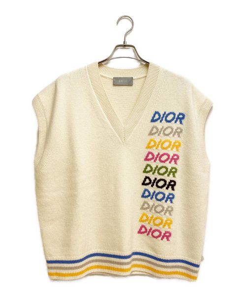 Dior（ディオール）Dior (ディオール) ロゴインターシャVネックセーター アイボリー サイズ:Lの古着・服飾アイテム