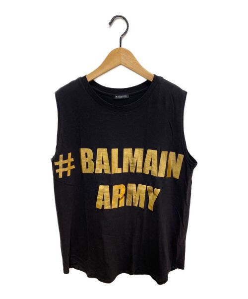 BALMAIN（バルマン）BALMAIN (バルマン) プリントノースリーブカットソー ブラック サイズ:34の古着・服飾アイテム