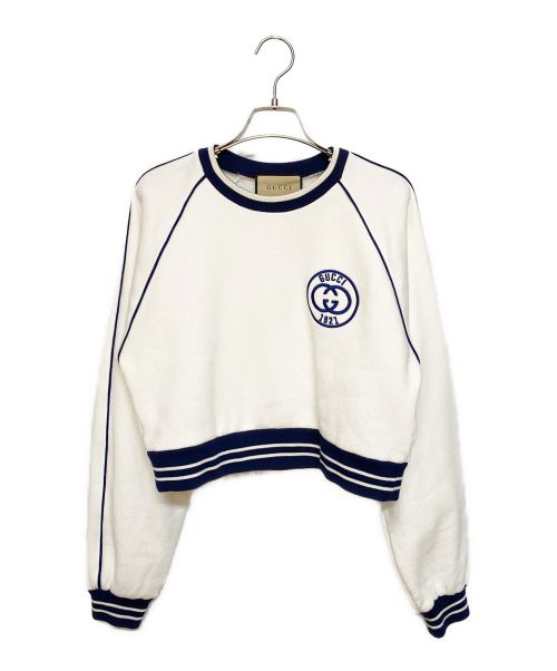 GUCCI（グッチ）GUCCI (グッチ) Interlocking G logo-embroidered Cropped Sweatshirt ホワイト×ネイビー サイズ:XSの古着・服飾アイテム