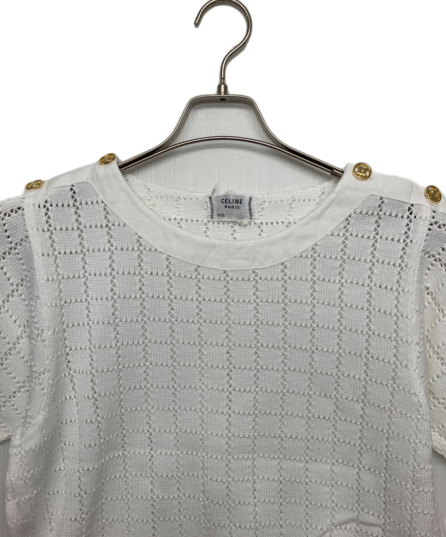 セリーヌ Vintage 総柄 切替 半袖 ニット ホワイト マルチカラー 中古・古着通販】CELINE (セリーヌ) 半袖カットソー ホワイト サイズ